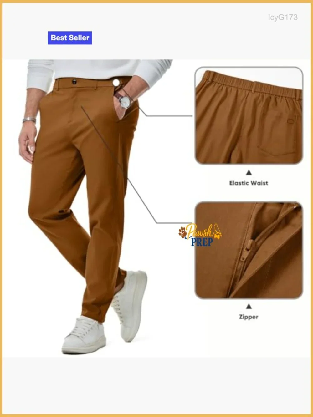 Chino Pants Elastic Waist Tapered Golf Trousers Slim Fit Twill Stretch Cotton